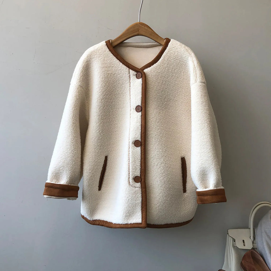 Baltere Women's East Asian Inspired Sherpa Coat, featuring a cozy faux fur texture, round buttons.