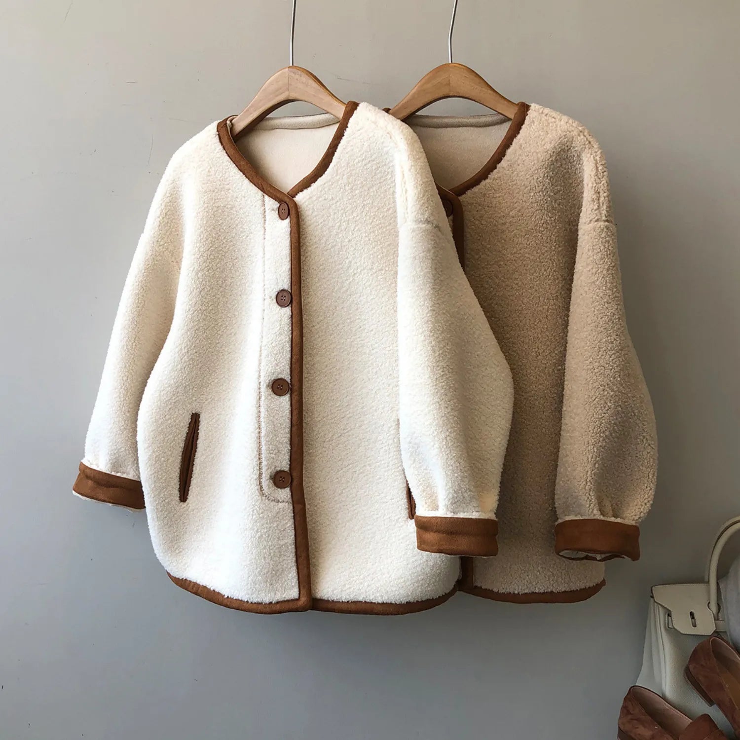 Women's East Asian Inspired Sherpa Coat, featuring a cozy faux fur texture, round buttons.