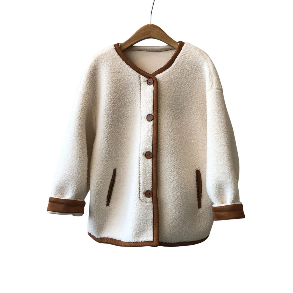 Baltere Women's East Asian Inspired Sherpa Coat, featuring a cozy faux fur texture, round buttons, and contrasting trim in off white.