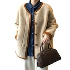 Baltere Women's East Asian Inspired Sherpa Coat, featuring a cozy faux fur texture, round buttons, and contrasting trim in mocha.