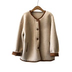 Women's East Asian Inspired Sherpa Coat, featuring a cozy faux fur texture, round buttons, in mocha.