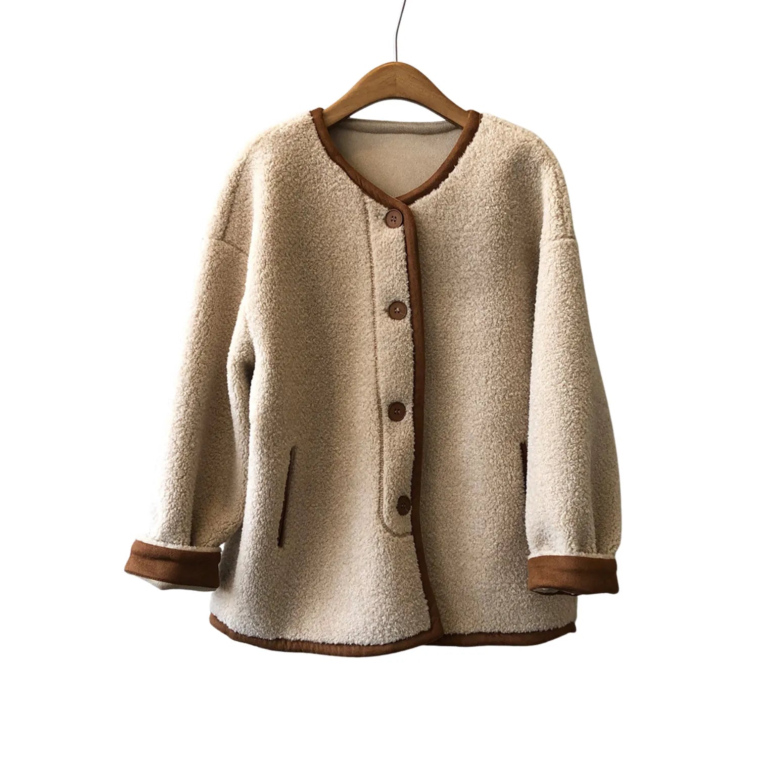 Women's East Asian Inspired Sherpa Coat, featuring a cozy faux fur texture, round buttons, in mocha.