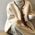 Baltere Women's East Asian Inspired Sherpa Coat, off white,  featuring a cozy faux fur texture, round buttons, and contrasting trim.