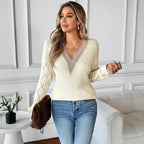 Model wearing the Baltere Lace Detail Sweater, emphasizing its relaxed fit and feminine, breathable knit, in beige.