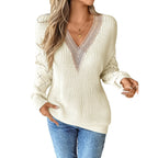 Model wearing the Baltere Lace Detail Sweater beige, emphasizing its relaxed fit and, breathable knit.