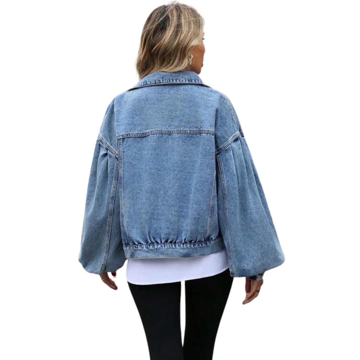 Model wearing Baltere's Women's Embossed Denim Jacket, showcasing its slim fit, button-up front, and casual style in blue.