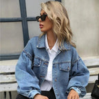 Model wearing Baltere's Women's Embossed Denim Jacket, showcasing its slim fit, button-up front.