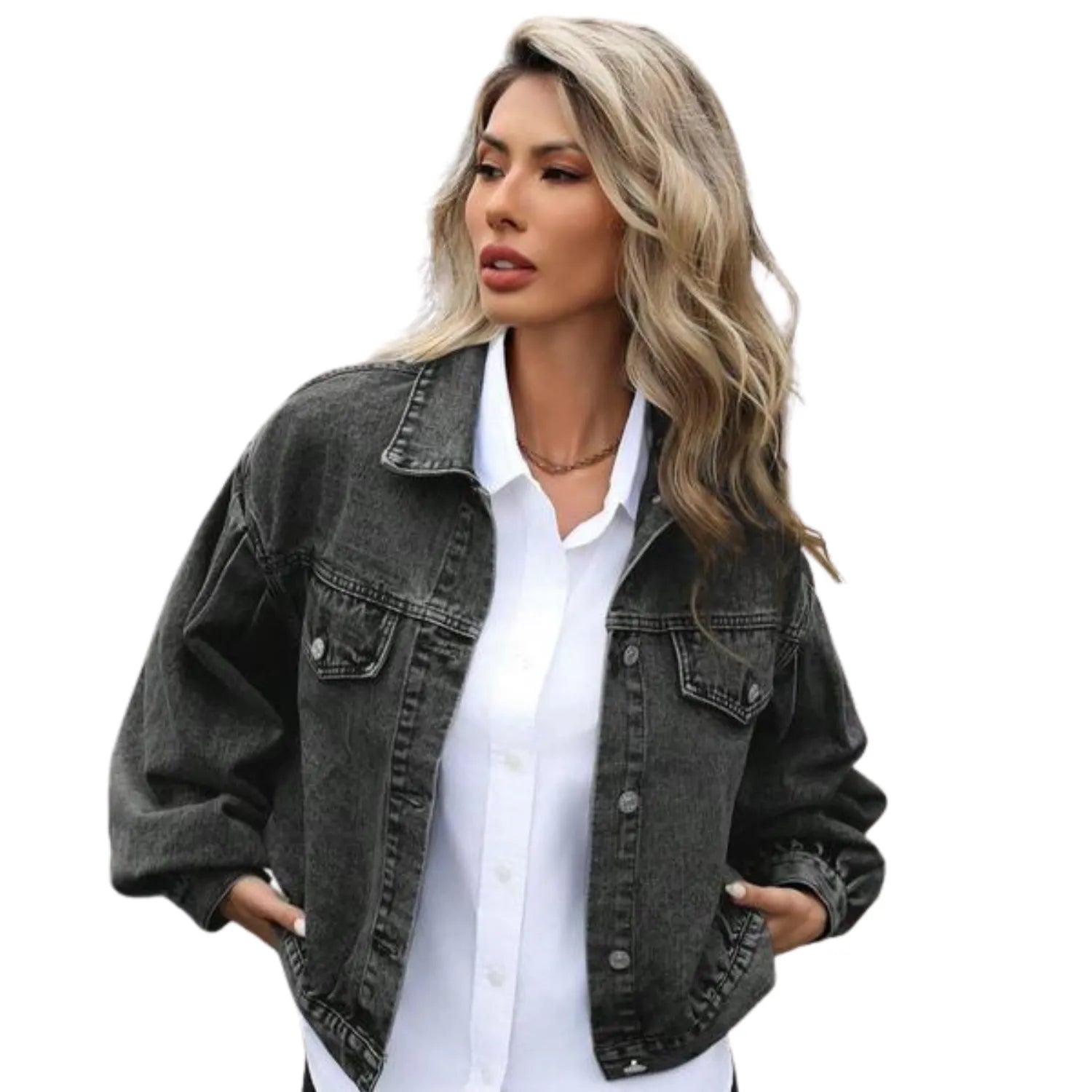 Baltere's Women's Embossed Denim Jacket, showcasing its slim fit, button-up front, and casual style in dark gray.