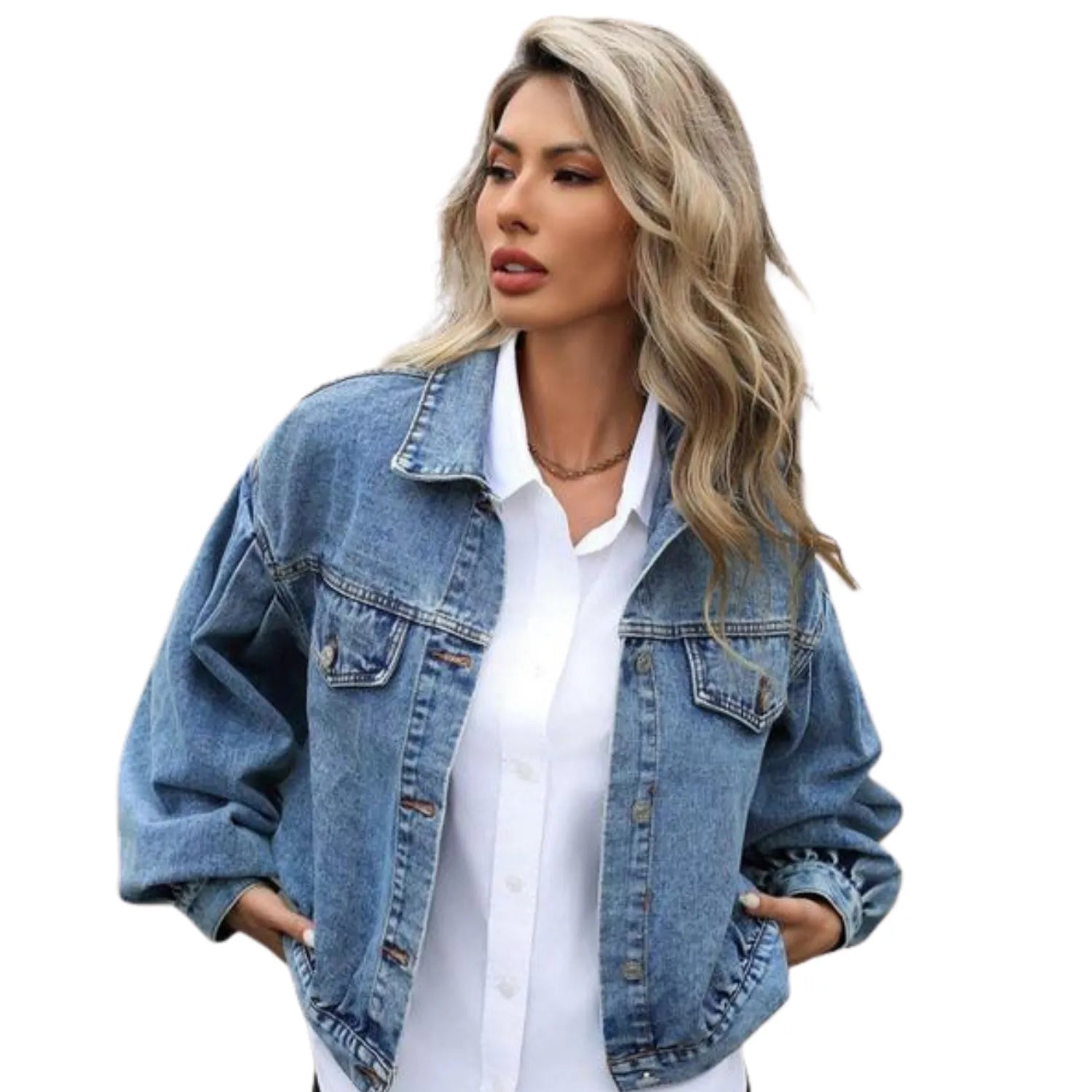 Model wearing Women's Embossed Denim Jacket, showcasing its slim fit, button-up front, and casual style.