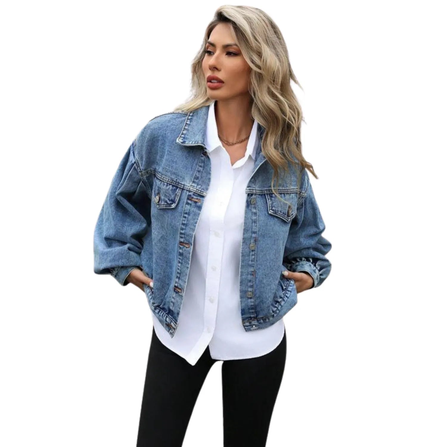 Model wearing Baltere's Women's Embossed Denim Jacket, showcasing its slim fit, button-up front, and casual style.