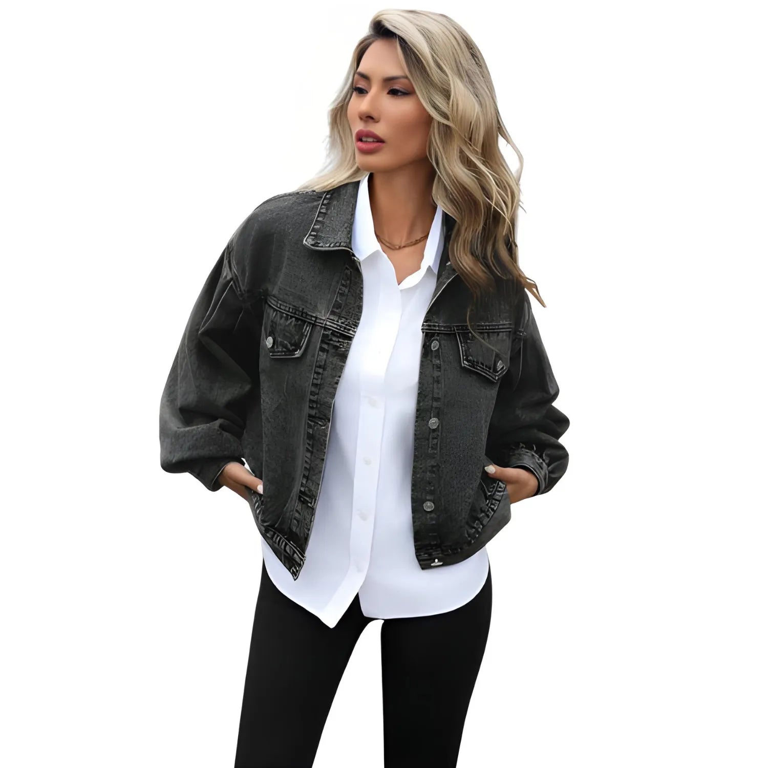 Model wearing Women's Embossed Denim Jacket dark gray, showcasing its slim fit, button-up front, and casual style.