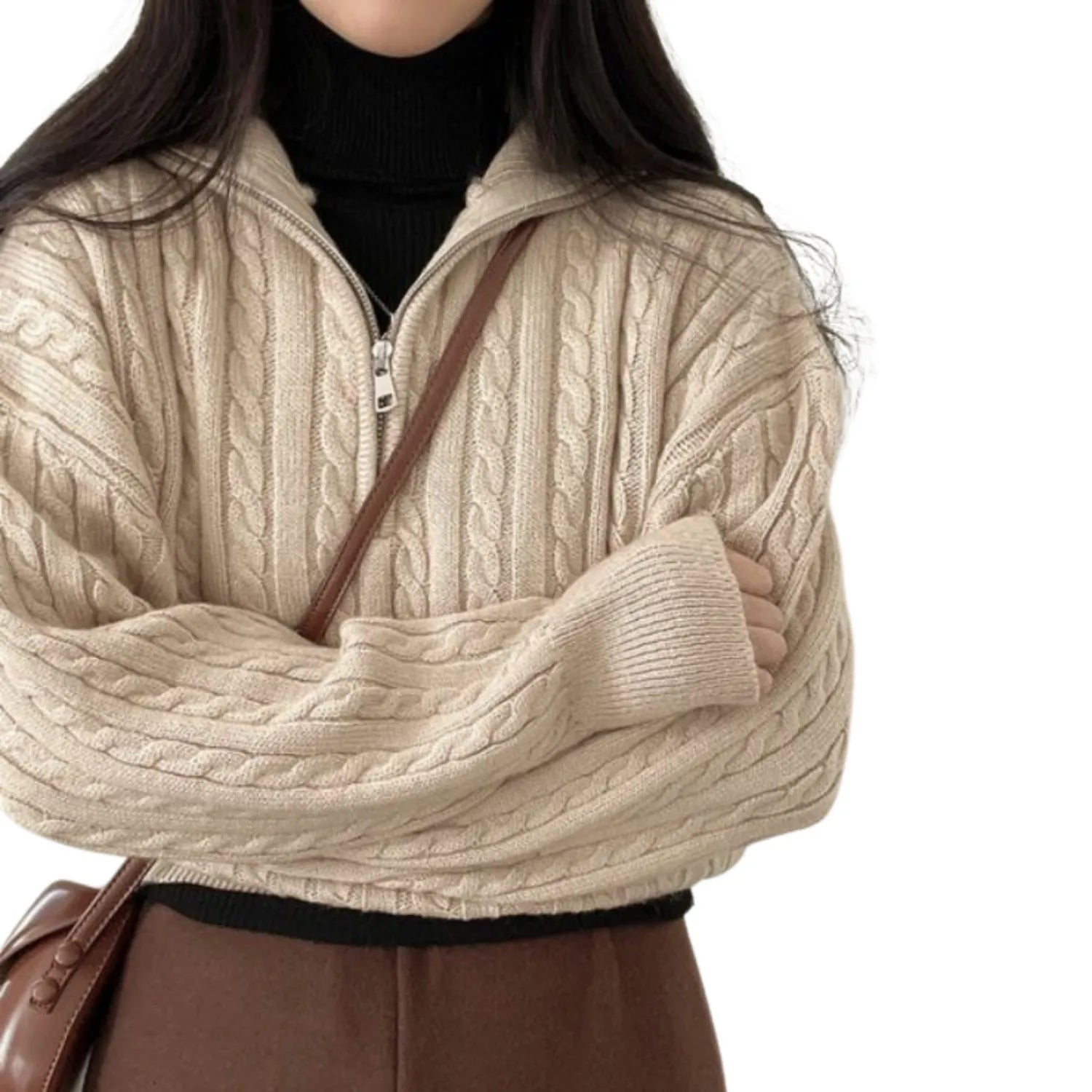 Baltere's Women's High-Collar Zipper Pullover Top, showcasing its modern high-collar design and quarter-zip feature in beige.