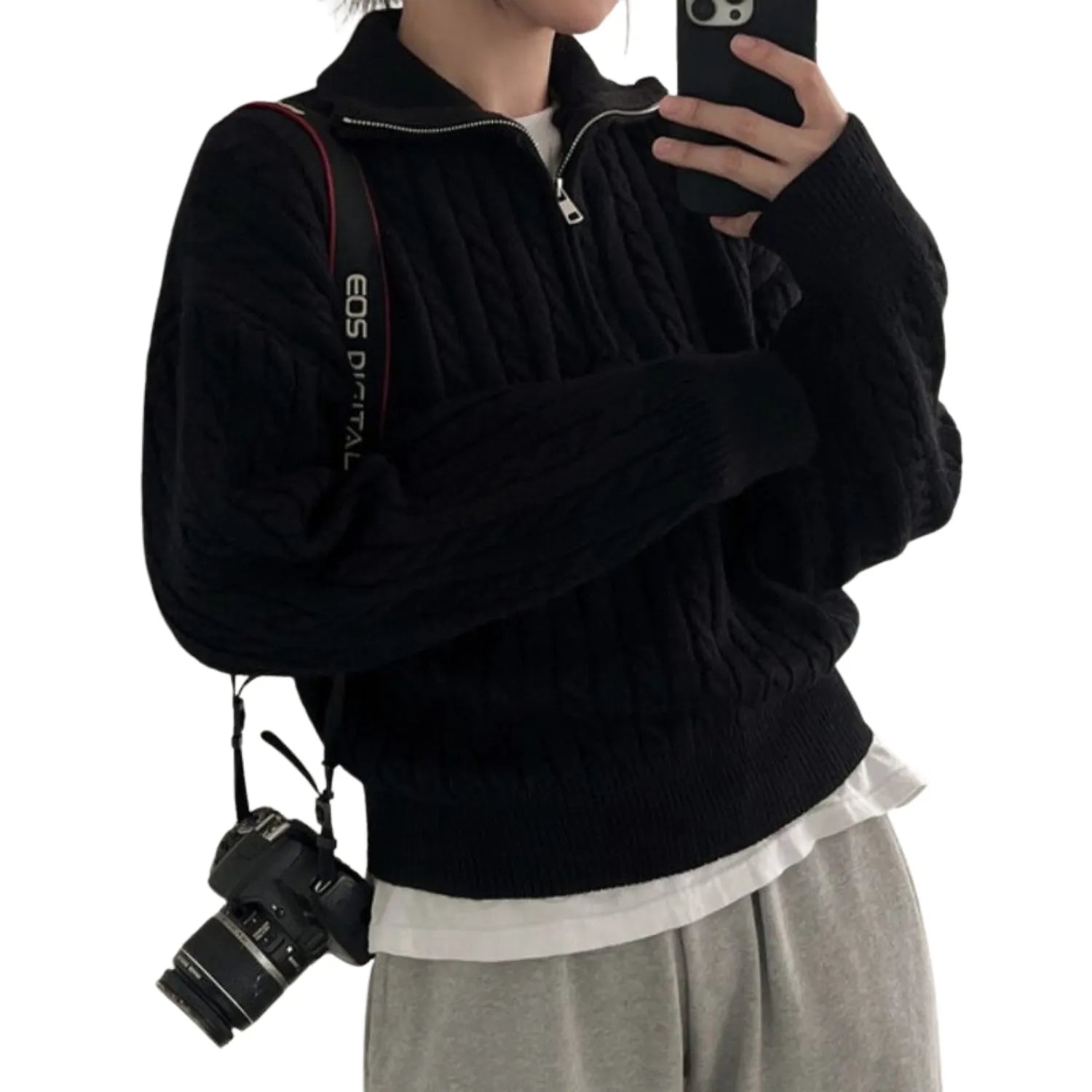  Women's High-Collar Zipper Pullover Top, showcasing its modern high-collar design, black and quarter-zip feature.