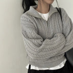  Women's High-Collar Zipper Pullover Top, grey, showcasing its modern high-collar design and quarter-zip feature.