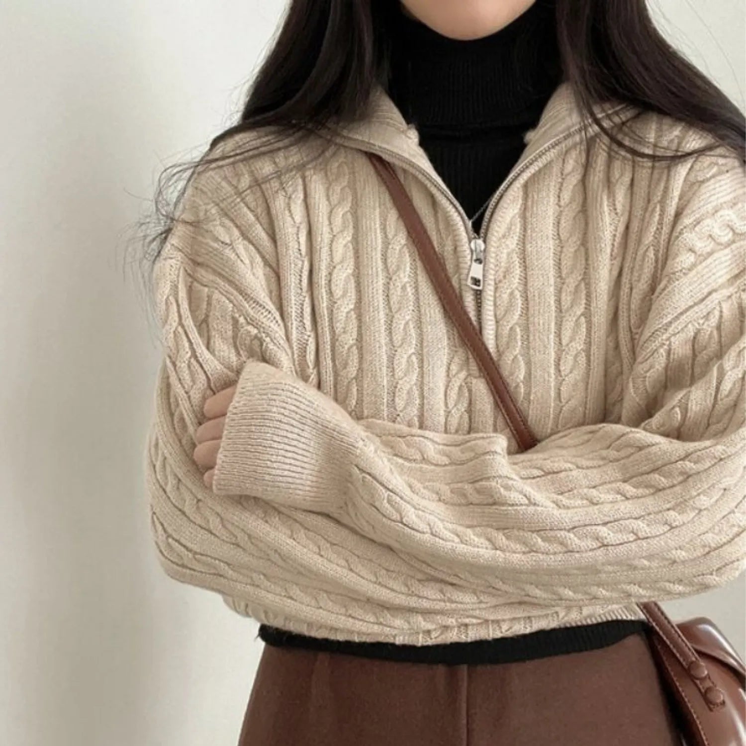 Women's High-Collar Zipper Pullover Top, beige, showcasing its modern high-collar design.