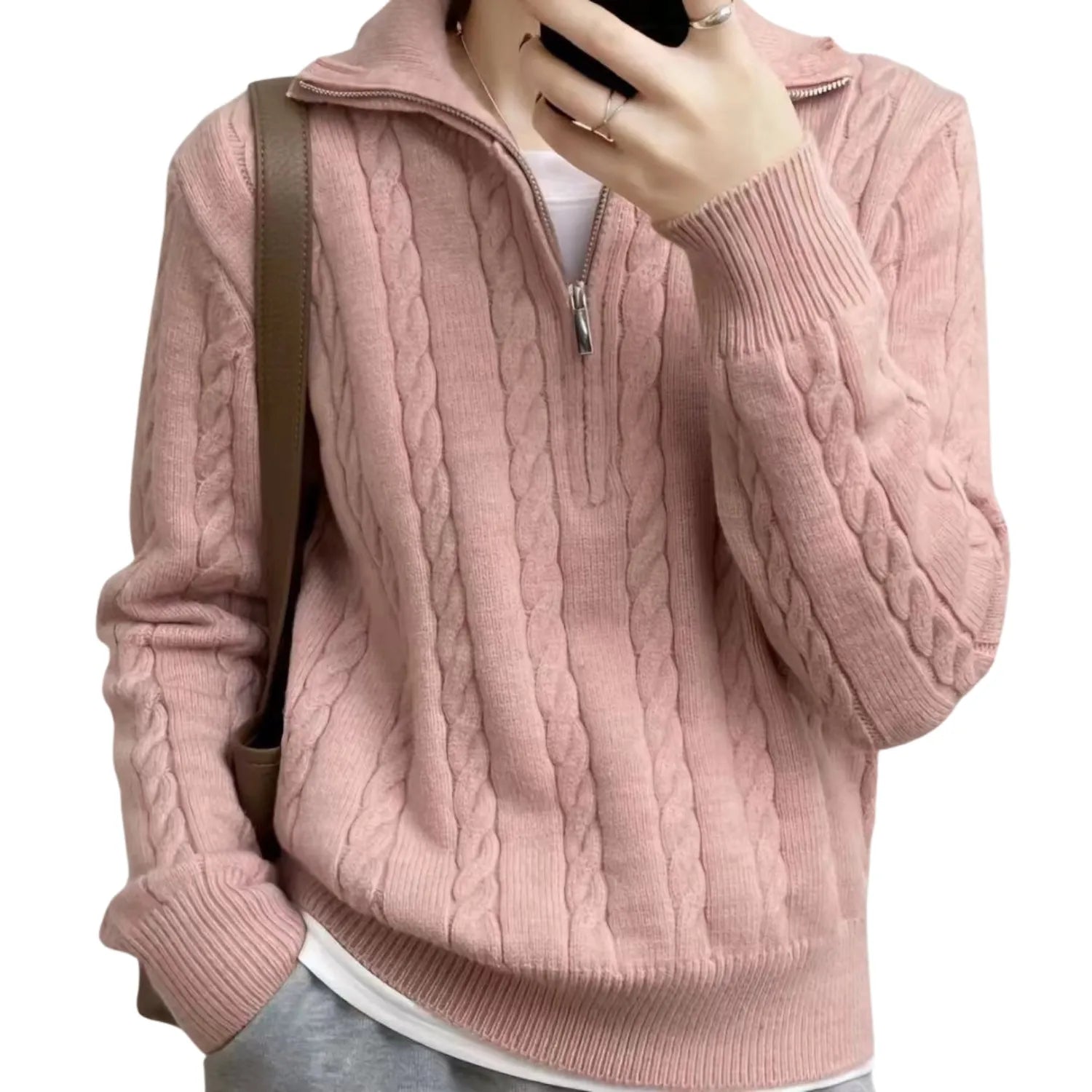 Women's High-Collar Zipper Pullover Top, pink, showcasing its modern high-collar design.
