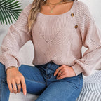 Model wearing the Women's Lantern Sleeve Sweater pink, featuring a fashionable wide neckline.