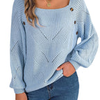 Model wearing Baltere's cozy sweater, highlighting the comfortable loose fit in light blue.