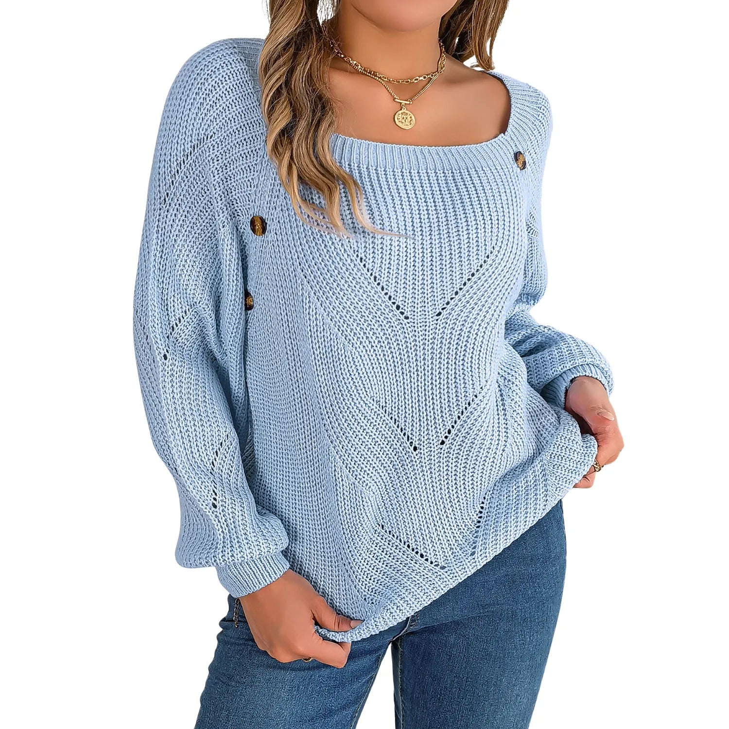 Baltere's Hollow-Out Lantern Sleeve Sweater, showcasing the stylish square neck and subtle knit pattern.