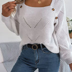 Model wearing Baltere's Hollow-Out Lantern Sleeve Sweater white, showcasing the stylish square neck.