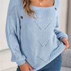 Model wearing Baltere's Hollow-Out Lantern Sleeve Sweater light blue, showcasing the stylish square neck and subtle knit pattern.