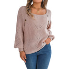 Baltere's romantic Hollow-Out Lantern Sleeve Sweater pink, featuring a delicate knit, square neckline, and charming side buttons.