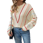 Model wearing Baltere's Hollow Out Sweater beige, featuring a V-stripe pattern and a relaxed fit.