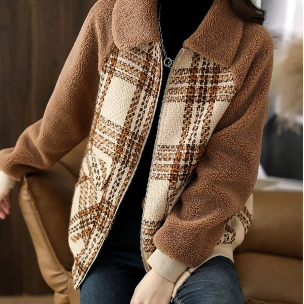 Model wearing Baltere's Women's Plaid Coat, showcasing its classic pattern, slimming fit, and warm design in brown.