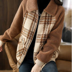Model wearing Baltere's Women's Plaid Coat, showcasing its classic pattern, slimming fit, and warm design in brown.