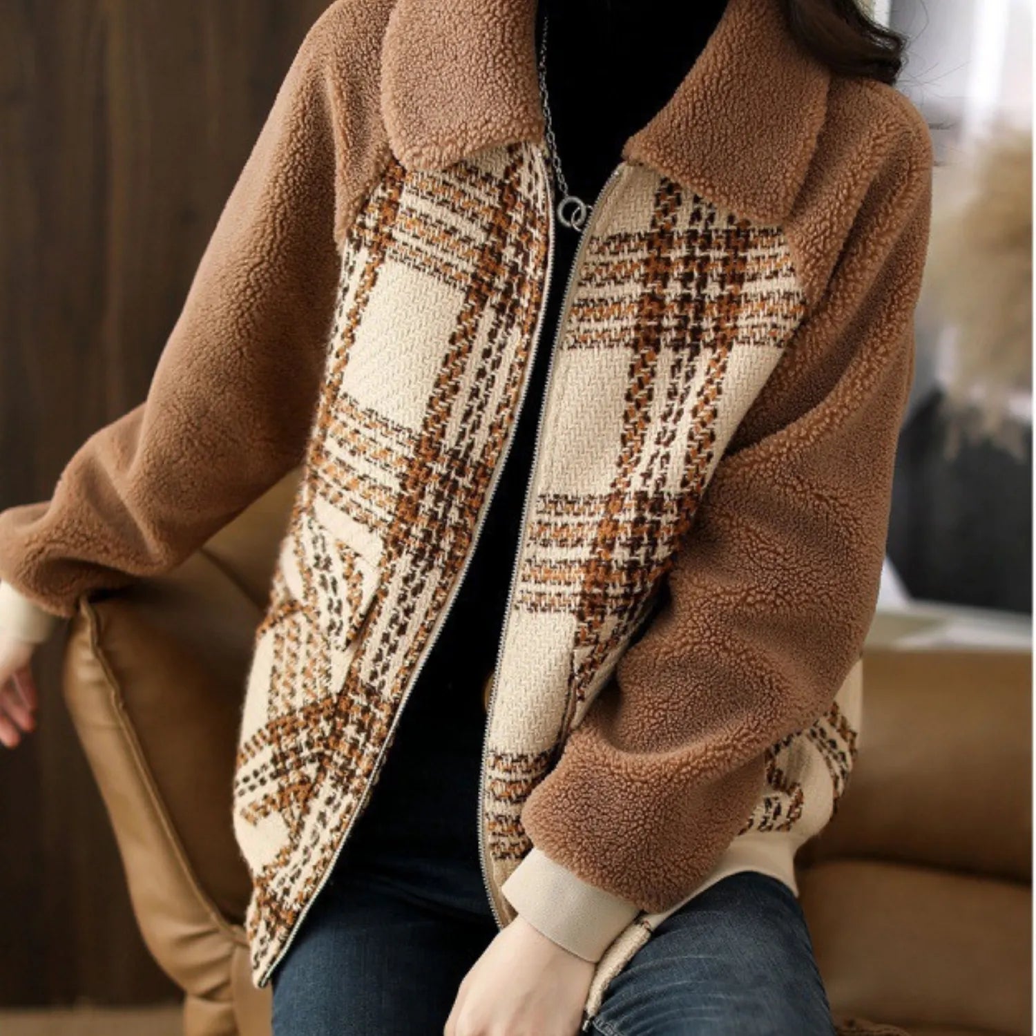 Model wearing Baltere's Women's Plaid Coat, showcasing its classic pattern, slimming fit, and warm design in brown.