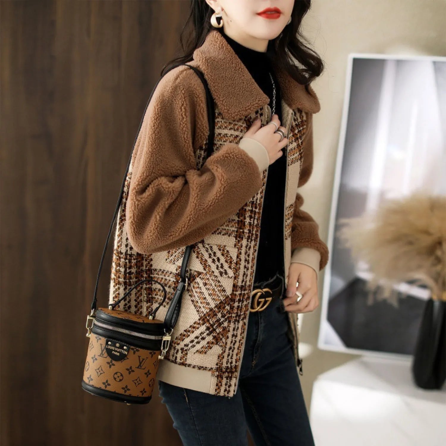 Model wearing Baltere's Women's Plaid Coat, showcasing its classic pattern, slimming fit.