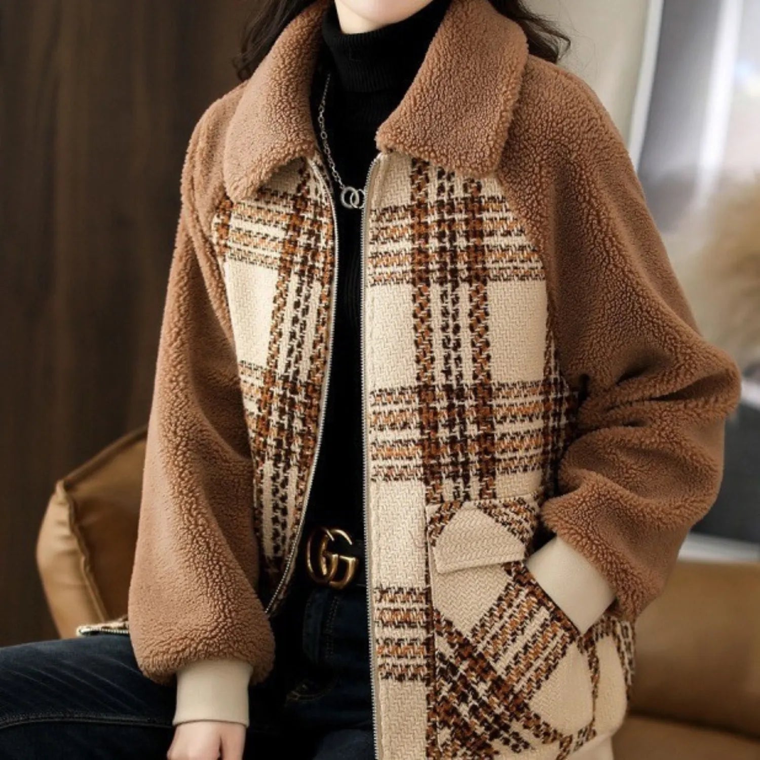 Model wearing Baltere's Women's Plaid Coat, brown,  showcasing its classic pattern, slimming fit, and warm design.