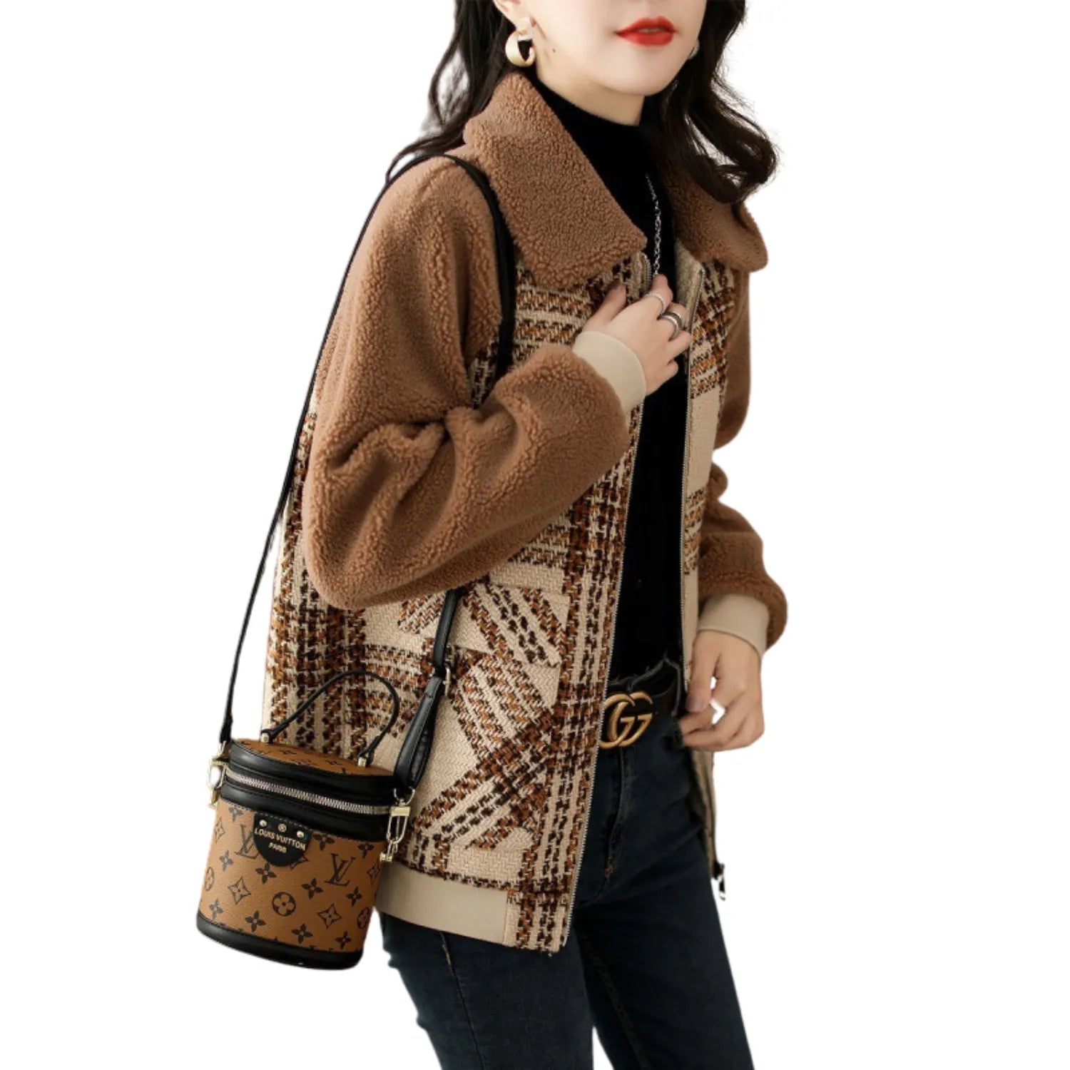 Model wearing Baltere's Women's Plaid Coat, showcasing its classic pattern, slimming fit, and warm design.