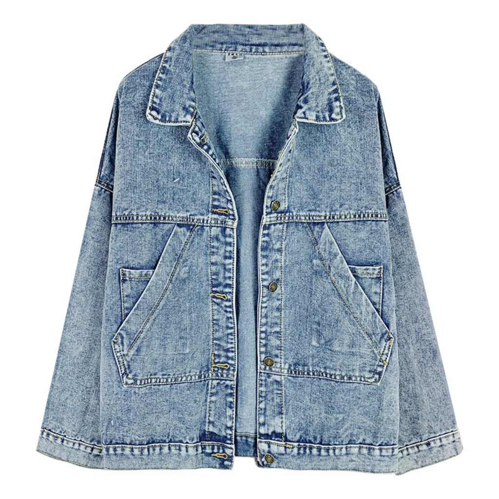 Baltere Women's Retro Denim Jacket, featuring a loose fit, modern,  button-up front, and four classic flap pockets.