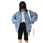 Women's Retro Denim Jacket, featuring a loose fit, button-up front, and four classic flap pockets in blue.