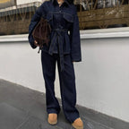 Model wearing Women's Retro Denim Jacket and Trousers Set, showcasing the matching denim ensemble.
