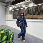 Women's Retro Denim Jacket and Trousers Set, classic  showcasing the matching denim ensemble.