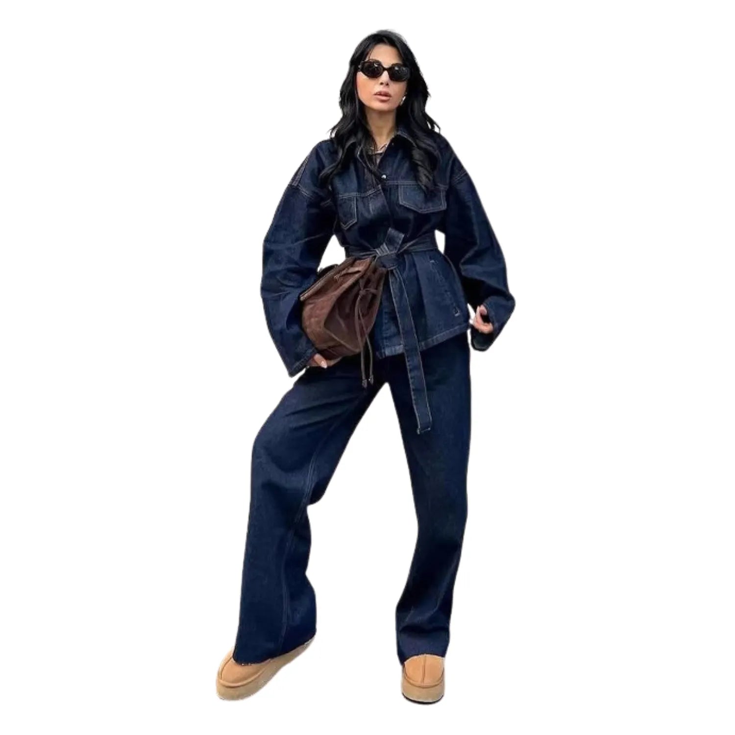 Model Women's Retro Denim Jacket and Trousers Set.