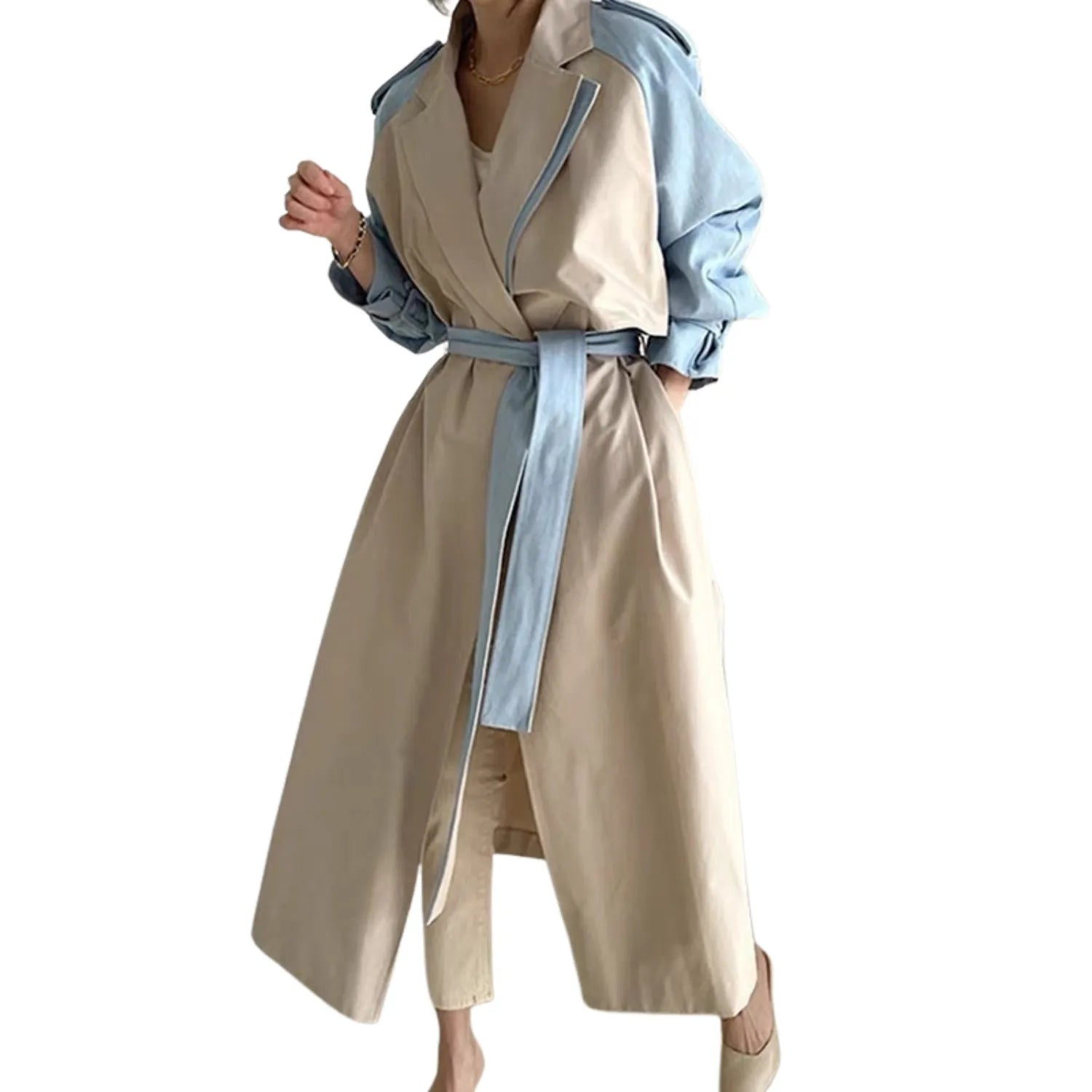 Women's Retro Lapel Trench Coat, with deep pockets, and long, flowing silhouette, in beige.