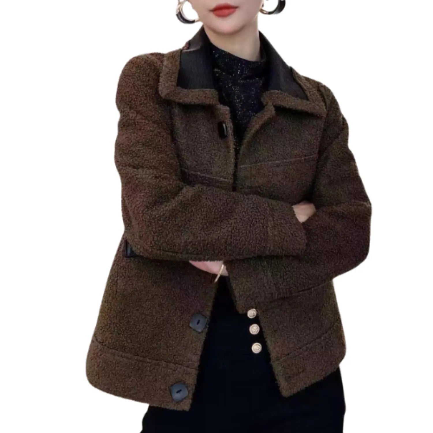 Reversible leather jacket, showcasing its oversized collar, front buttons, and modern silhouette.