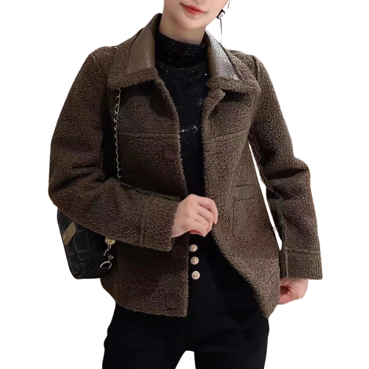 Baltere's reversible leather jacket, showcasing its oversized collar, front buttons, and modern silhouette.